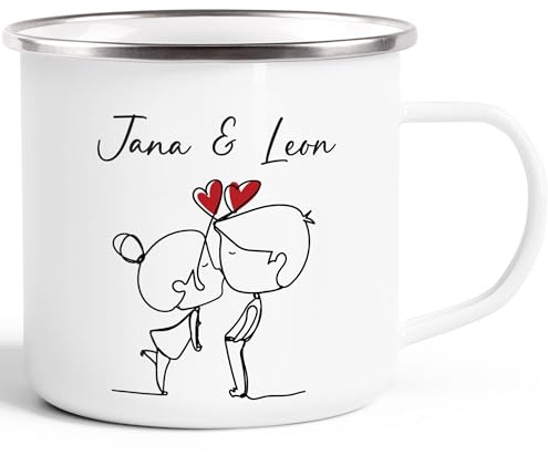 SpecialMe® Emaille-Tasse Liebe Herz personalisiert mit Namen Geschenk Jahrestag Valentinstag Paare Mann Frau Emaille-weiss-silber Emailletasse