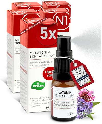 N1 Melatonin Schlaf Spray 5x10 ml - Einschlafspray mit Baldrian | Studie belegt 3 Mal schnelleres Einschlafen - 355 Tage Vorrat mit Lavendel, ohne Gewöhnungseffekt, für Reisen und unterwegs