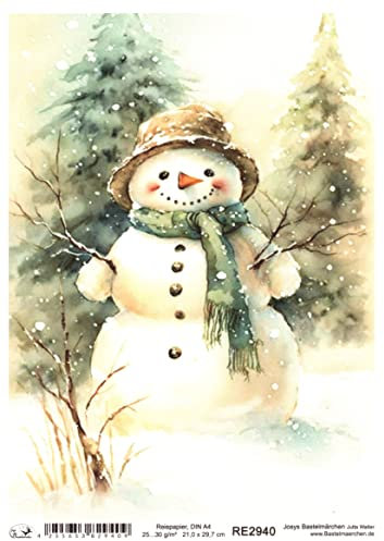 Josys Bastelmärchen Reispapier A4 Strohseide Decoupage Weihnachten Schneemann RE2940