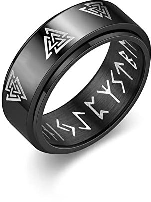 KnSam Schmuck Verlobungsringe für Sie und Ihn Edelstahl, 8MM Spinner Gravur Wikinger Spinner Fidget Ring, Schwarz Fidget Ring, Ringe Größe54 (17.2)