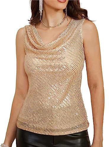 Solide Farbe V-Ausschnitt Enges Oberteil für Damen Cocktail-Party Disco Sexy Vintage 60er Jahre Sparkle Shimmer Weste Roségold M