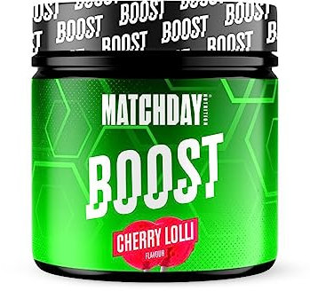 MATCHDAY NUTRITION | BOOST | 90 Minuten Vollgas Fußball | ATP Booster mit Aminosäuren und Kohlenhydraten | Mehr Schnellkraft, Explosivität & Ausdauer | 20 Portionen (Cherry Lollipop)