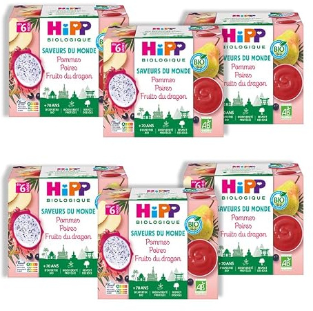 HiPP - Saveurs du Monde - Pommes Poires Fruits du dragon - Coupelles 4x100g - Lot de 6 - BIOLOGIQUE