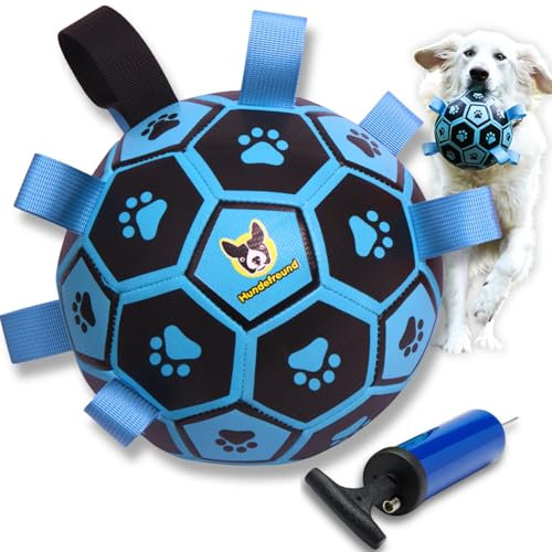 Hundefreund Großer Hundefußball Blau Leuchtend mit Haltegriffen, Hundespielzeug Fußball für Große Hunde mit Pumpe, Interaktiver Hundeball (18 cm) für Drinnen, Draußen und im Wasser