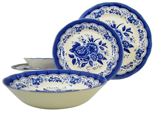 TUDOR ROYAL Service de table rond 6 pièces en porcelaine pour 2 personnes, motif floral bleu victorien, assiettes, bols, plats, vaisselle de qualité supérieure, motif unique, brillant