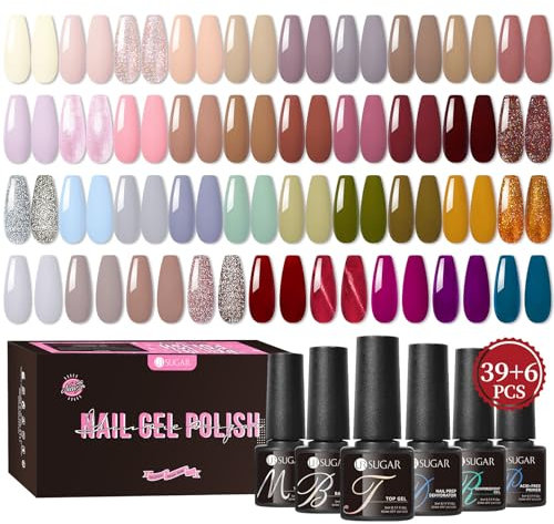 UR SUGAR Gel Nagellack UV, 45 Stück Gellack Set UV Nagellack mit Glossy Matte Top Base Gels Coat und Gel Nägel Grau Nude Rosa Glitzer Farbgel für Nagelstudio Design Starter Maniküre Geschenkset