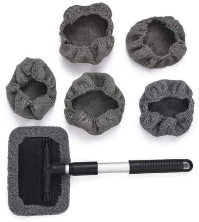 JSCARLIFE Retractable Car Windscreen Cleaner Tool, Car Window Cleaner Inside Kit with 5pcs Washable Microfiber Cloth 180°Rotating Car Windshield Cleanning Wiper Car Glass Cleaner Brush for Auto SUV