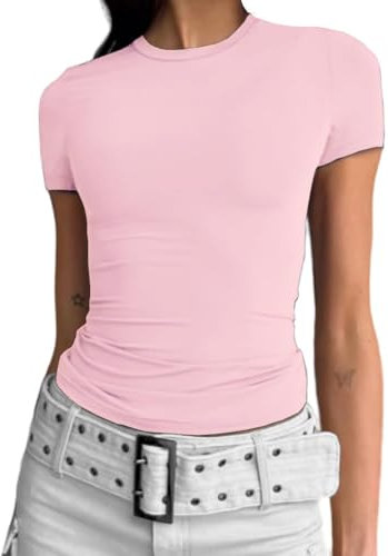 Cuptacc Tshirt Damen Sommer Rundhals T-Shirt Slim Fit Casual Skims Dupe Tight Tops Yogastoff Kurzarm Top Hell Pink M