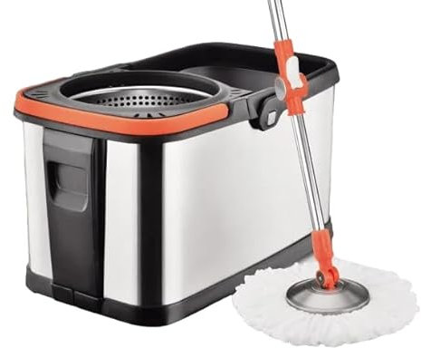MY HOMIE 360° Spin Mop and Stainless Steel Bucket Set, Mop and Buckets Sets with 2 Thick Reusable Microfibre Pads, Wet and Dry Flat Floor Mops for Laminate Hardwood Tile Floor Cleaning - Black