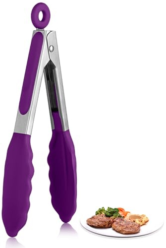 U-Taste Silikon Küchenzange, 250℃ hitzebeständiger, 18cm, Lila | Kochzange mit fest versiegelten Antihaft-Gummispitzen & silikonbeschichtetem Stahlgriff & glatter Verriegelung zum Servieren