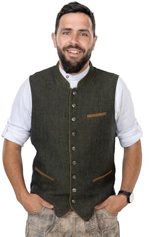 Schöneberger Trachten Herren Trachtenweste Grün-Olive – Vintage Lodenweste für Oktoberfest | Leinen-Weste Lederhose - Trachten-Gilet Hubertus grün (50)