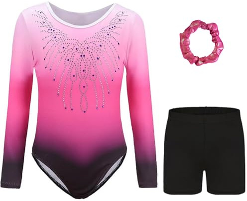 Kiscorpse Justaucorps de Gymnastique pour Filles Trois Pièces Maillots de Gymnastique Gymnastique à Manches Longues avec Short et Bandeau Ballet Dancewear (Rose-manches longues, 9-10 ans)