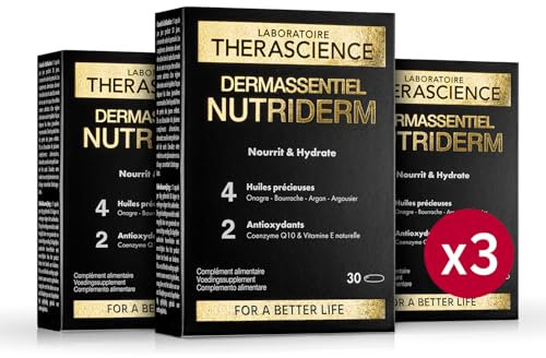 DERMASSENTIEL NUTRIDERM Lot de 3 | Nourrit & Hydrate | Argan Onagre Bourrache Argousier | Hautement concentré en Omegas 3,6,7,9 | Coenzyme Q10 + Vitamine E antioxydants | 90 Capsules | THERASCIENCE