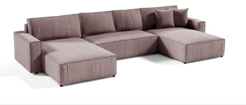 PAMIR24 Ecksofa 344x140cm U-Form Schlafsofa und Bettkasten Cord-Stoff POSO (Rosa)