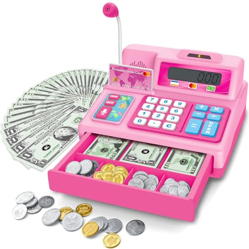 Bstoyder Calculator Cash Register Toy Gift for Kids Age 3, 4, 5, 6, 7, 8+ Year Old, 103 Pcs Grocery Store Playset with Microphone, Credit Card, Pink Cash Register Toy for Toddlers Kids 4-8
