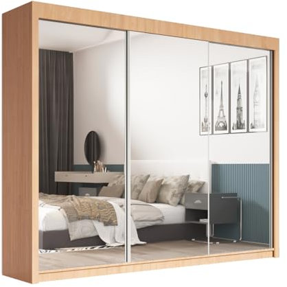 SERENITY SELECTION Modern Wardrobe with FULL Length Mirror - 2 & 3 Sliding Doors wardrobe,Adjustable Shelves,Hanging Rails,and Ample Storage Space-Stylish Bedroom Furniture (Oak, 250cm)
