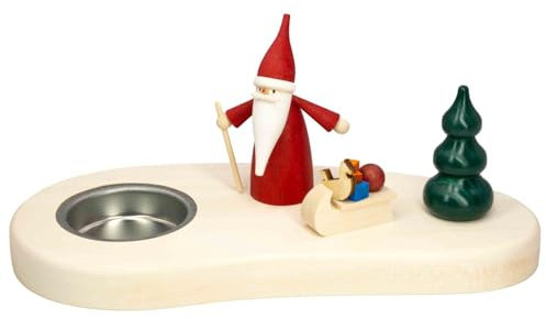 Seiffener Volkskunst | Teelichthalter | Tischdeko für Teelicht aus Naturholz 8.5x18x8 cm | Handgefertigte Erzgebirgische Holzkunst | Weihnachtsdeko mit Figuren | mit Weihnachtswichtel