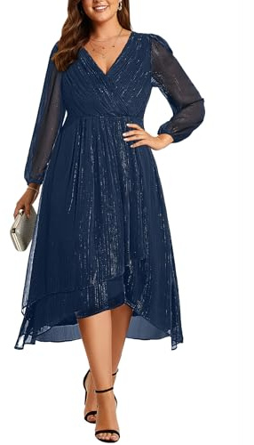 Talisea Cocktailkleid in Übergröße – formelle Hochzeitsgäste Herbst Langarm A-Linie Plissee V-Ausschnitt Midikleider für kurvige Frauen, Dunkelblau, 48 Mehr