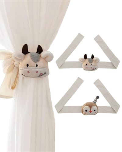 HZAOPZE 2 clips de cortina con cuerda de diseño de vaca y pingüino de dibujos animados, alzapaños para cortinas, para decoración de habitación infantil (vaca y pingüino)