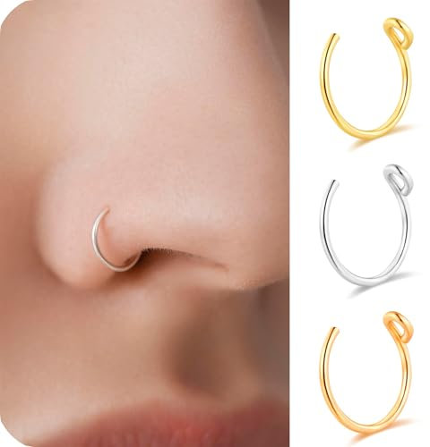 BelleVive Lot de 3 faux anneaux de nez à clipser en acier titane 18 carats pour femme - Pas besoin de piercing - 22 g - 7 mm - Faux piercing pour le nez - 3 couleurs