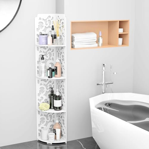 Yiyai 4 Tier Shower Caddy Bathroom Corner Shelf White Floor Standing Shower Corner Shelf, Waterproof PVC Storage Organizer for Home Bathroom Living Room