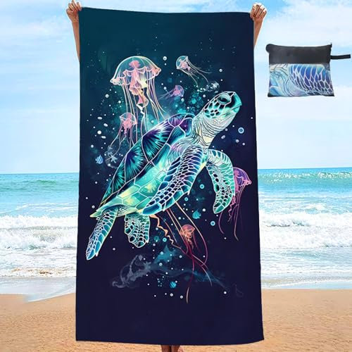 JINGTOPS Serviette Plage XXL avec Sac 90x180 Serviette de Bain Microfibre Tortues de Mer Méduses Séchage Rapide, Couverture Absorbante (Tortue 180X90)