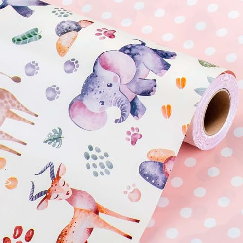 Wikadlik Niedliches Geschenkpapier, Elefanten-Giraffen-Tiermuster und rosa Punkte Mini-Rolle Geschenkpapier für Geburtstage, Baby-Shower, Hochzeiten, Bridal-Shower-Feiern - 43 cm x 10 m