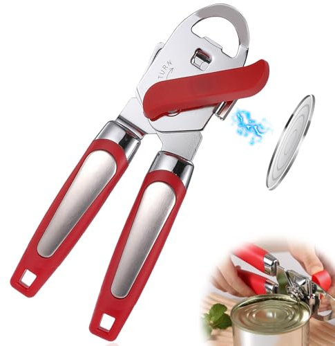 Tin Opener with Magnet, 3-in-1 Multifunctional Can Opener Heavy Duty Stainless Steel Bottle Openers for Arthritic Hands (Red)