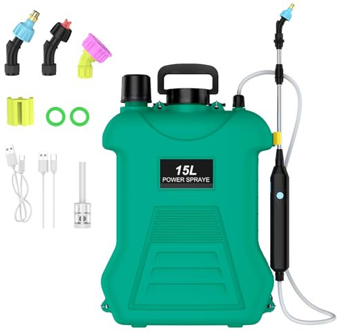 Pompa Irroratrice a Batteria, Pompa a Spalla a Batteria 15L con 3 Ugelli, Asta Telescopica, Cinghia Regolabile, Motore in Rame Puro e Materiale PP, per Prato, Cortile e Giardino