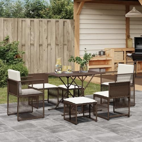 LVHUIDEH 7er Set Gartenmöbel, Garten-Essgruppe mit Kissen Braun Poly Rattan