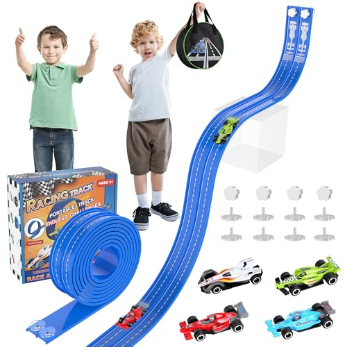 Flexible Rennstrecke, 6 m, Slot-Autorennbahn-Set für Kinder ab 3 Jahren, Dual-Rennspiel, 2 Hochgeschwindigkeitsautos im Maßstab 1/64, mit 8 Saugnäpfen, 4 Legierungsautos, ideales Weihnachts- und
