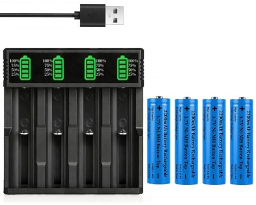 4 Pack 3.7V 2200mAh Button Top Battery NIMH with 4-Slot 18650 Battery Charger, 3.7Volt Batteries Rechargeable Large Capacity for LED Flashlight/Camera/Small Fan/Garden Light, NOT AA/AAA