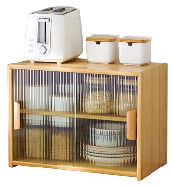 MumaHome Organizzatore da Cucina in Bambù, Vetrina con Ante Scorrevoli in Vetro, Armadietto Multiuso 45x28x34cm Colore Naturale