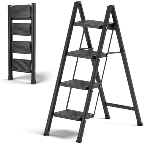 4 Stufen Leiter, Tritthocker Klappbar Leichtes und Kompaktes Klapptritt Kleine Leiter mit Gummihandgriff,Rutschfester Design,Sicherem Stand, Tragfähigkeit bis 150kg,für Küchen Haushalt Außen,Schwarz
