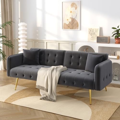 Schlafsofa 2 Sitzer Samt mit XXL Liegefläche 215cm Verstellbare Armlehnen & Rückenlehne Splitback Goldene Beine Stabil 6 Füße Gästebett Sofa Bed Velvet