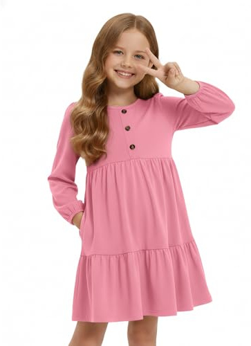 JiAmy Robe décontractée à manches longues bouffantes et col rond en coton avec poches pour enfants de 4 à 12 ans, rose, 9-10 ans