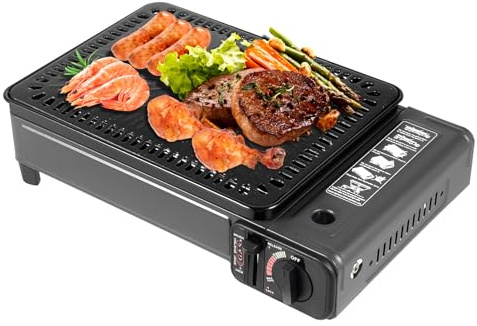 Fornello a gas portatile 2 in 1, fornello a gas da campeggio con piastra, griglia e vassoi per la raccolta del grasso, set da campeggio a gas per campeggio, viaggi, cucina all'aperto