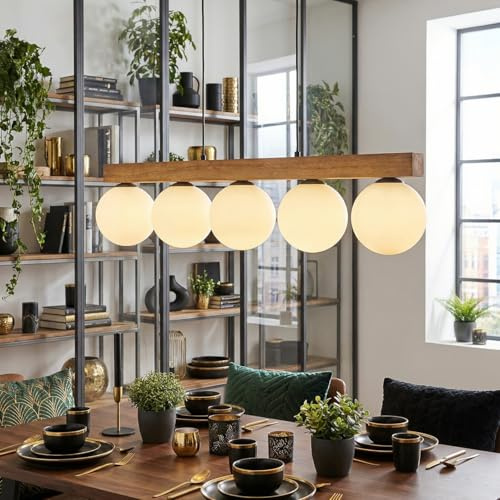 HOFSTEIN Hängeleuchte Gastor, 5-flammige Hängelampe aus Metall/Holz/Milchglas in Schwarz/Naturfarben/Weiß, moderne Pendelleuchte im Retro/Boho-Design mit Holzstab, E14, Esszimmer, Küche, Wohnzimmer