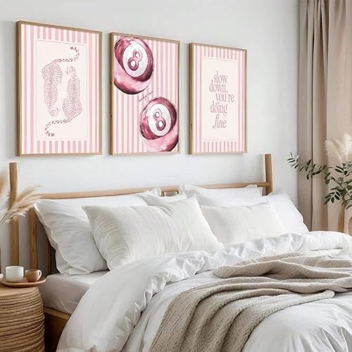 JORCEDI 3er Rosa Poster Set, Rosa gestreifter Gepard-Poolball, Lucky 8 Ball Poster,für Schlafzimmer Esszimmer Wohnzimmer Deko, Ohne Rahmen (30x40cm)