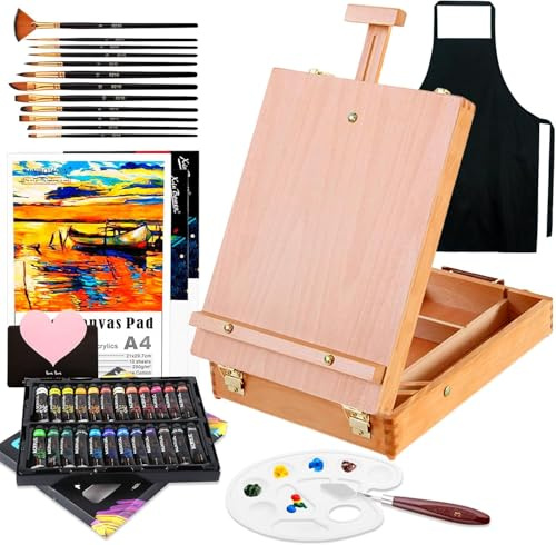 Kit de Pintura,Caballetes para Mesa,Set de pintura con 44 piezas,con 24 Colores Tubos de Pintura Acrilica,12 Pinceles,Espátula,Delantales,Paleta y 3 Lienzo,para Pintar para Profis y A ficionados
