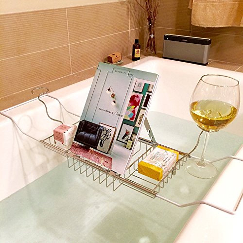 Pont de Baignoire Plateau de Bain Rangement Universel Extensible 61~85cm Porte Verre à Pied Porte Gel Douche Savon en Metal Chromé