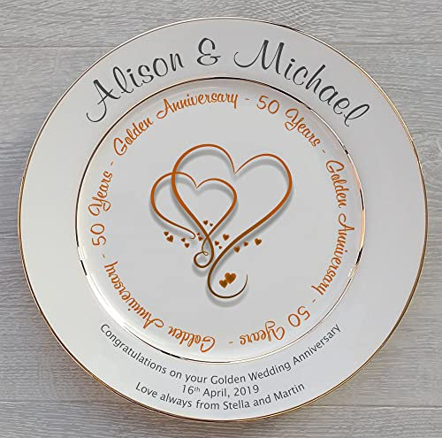 All About Names Personalised Bone China Plate - Golden (50th) Wedding Anniversary - Hearts Design