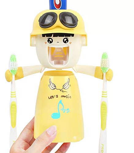 Porte-brosse à dents pour enfants avec gobelet, distributeur de dentifrice mains libres automatique pour enfants avec boîte à dentifrice, kit de salle de bain mural facile à nettoyer-Jaune