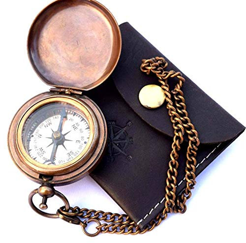 Handgefertigter Kompass aus Messing mit Lederhülle, Tasche und Geschenk-Kompass für Wandern und Camping