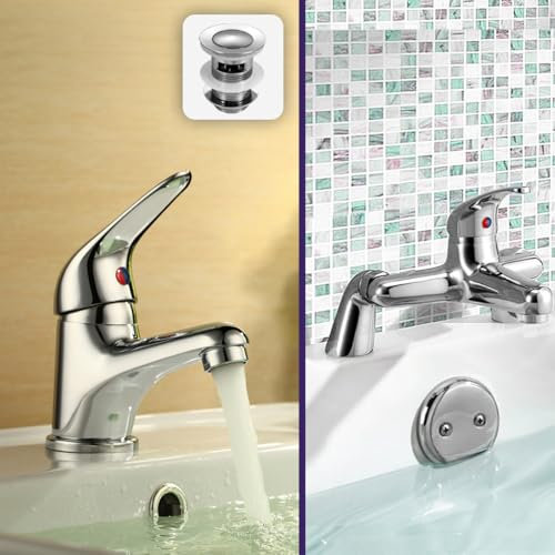 Nes Home Studio Chrome Bathroom Basin Mono Mixer Tap & Deck Mounted Bath Filler Tap & Waste