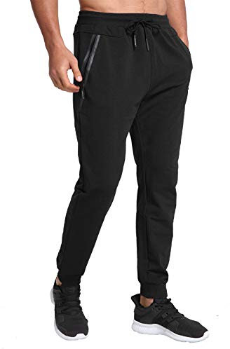 JustSun Jogginghose Herren Sporthose Trainingshose Herren Lang Freizeithose Baumwolle Männer Fitness Hosen mit Reissverschluss Taschen Schwarz L
