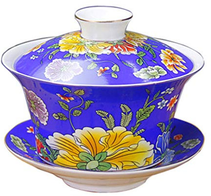 YBK Tech Teetasse und Untertasse aus Porzellan, Gaiwan, Kung-Fu-Teetasse und Untertasse mit Deckel, traditionelles chinesisches Gaiwan, Sancai-Teeschale, 284 ml, Blau