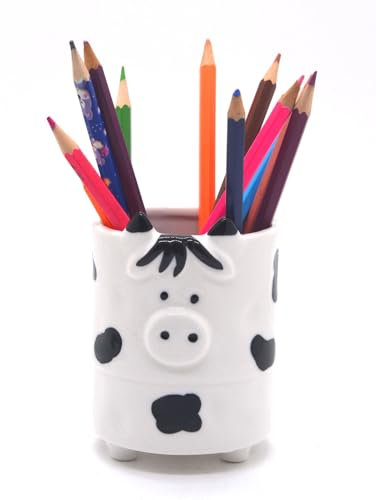 MONMOB Pot à crayons en céramique pour décoration de bureau, pot de fleurs, bureau, école, cadeau (vache)
