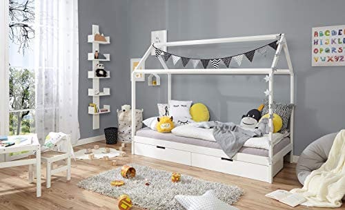 TiCAA Kinderbett Hausbett Lina mit Schubkästen 90x200 cm Kiefer weiß