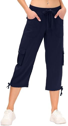 JINSHI Pantalons Femme Pantacourt Cargo d'été 3/4 Long Capri Pantalon avec Plusieurs Poches Bleu Marine M